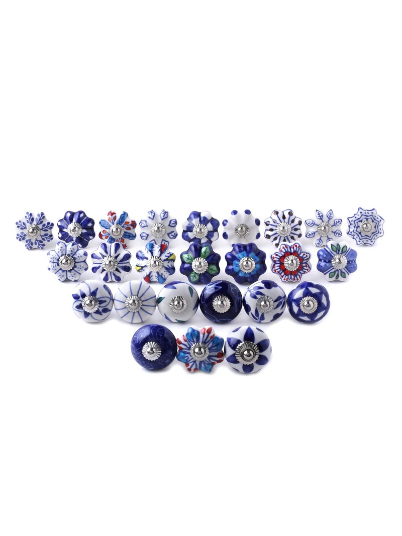 The Boho Street Set of 25 Assorted Ceramic Knobs Hand Painted Vintage Collection Blue and White Pumpkin and Round Knobs Cabinet Drawer Handles Pulls - Image 1